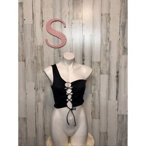 Forever 21 Black One-Shoulder Lace-Up Crop Top – Size Small